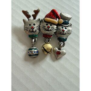 AJMC Vintage Christmas Cat Brooch Enamel Rhinestone Dangling Charm Holiday Pin